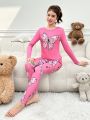 Teen Girls' Slim Fit Butterfly Printed Long Sleeve Top And Long Pants Sleepwear Set For Autumn