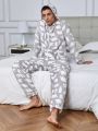 Men's Hooded With Polar Bear Print, Homewear Jumpsuit