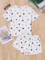 SHEIN Teen Girls' Knitted Star Printed T-Shirt And Shorts Pajama Set, Casual