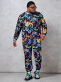Manfinity Men's Plus Size Printed Round Neck Sweatshirt And Knitted Casual Pants Set