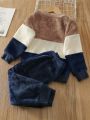Toddler Boys Colorblock Letter Embroidery Flannel Pullover & Pants