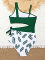 Teenage Girls' Random Leaf Print Hollow Out Waist One-Piece Swimsuit