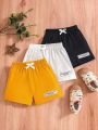 SHEIN 3pcs/Set Baby Boy's Casual Sportswear Basic Comfortable Alphabet Design Pants With 3d Bowknot And Label, Suitable For Spring And Summer Outing
