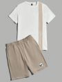 SHEIN Teen Boy'S Casual Color Block Letter Print T-Shirt And Shorts Set