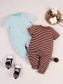 2pcs/Set Baby Boys' Short Sleeve Romper For Casual, Spring And Summer