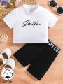 SHEIN 2pcs Baby Girl's Casual Basic Letter Print Short Sleeve T-Shirt And Shorts Set For Spring/Summer, Suitable For Outdoor Activities