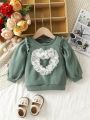 Baby Girl Casual Simple Heart Mesh Patchwork Comfortable Loose Fit Sweatshirt For Spring & Autumn