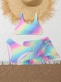 Tween Girl Gradient Color Separated Swimsuit Set, 3pcs
