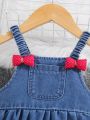 SHEIN Baby Girl's Lovely Doll Collar Denim Dress With Bowknot And Soft Washed Fabric