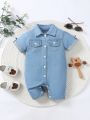 Adorable Baby Boy Denim Jumpsuit With Patch Pockets, Casual Style