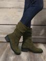 2023 Autumn Winter New Arrival European And American Style Fold & Matte Mid-calf Boots With Low Heel, Plush Lining Women's Knight Boots In Plus Size