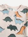 SHEIN Kids QTFun Young Boys' Dinosaur Pattern Short Sleeve T-Shirt And Letter Pattern Casual Pants 2pcs/Set