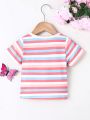 Cute Striped Casual Baby Girls' Floral Badge Top