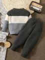 Boys' Color Block Round Neck Sweater And Solid Color Long Pants Set, Autumn & Winter