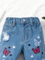 Baby Girls' Wide Leg Butterfly Embroidered Loose Fit Jeans With Distressed Details