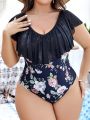 SHEIN Swim Classy Women's Plus Size Ruffle Hem Floral Printed One-piece Swimsuit