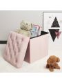 Storage Ottoman Cube, Pink Velvet Tufted Folding Ottomans with Lid, Storage Shoes Box Toys Chest, Footstool Rest Padded Seat for Bedroom Living Room