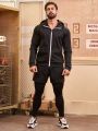 Running Men'S Kangaroo Pocket Zipper Up Hoodie And Two-In-One Sweatpants Sports Outfit