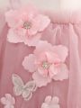 Girls' Elegant Gorgeous Pink 3d Flower Long Sleeve Princess Dress, Perfect For Evening Party, Banquet, Birthday Party, Autumn