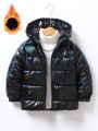 Young Boy 1pc Hooded Holographic Zipper Hooded Puffer Coat