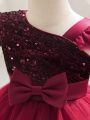 Young Girl's Glittery Panel & Bowknot Front Mesh Princess Dress