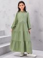 SHEIN Kids Nujoom Big Girls' Lotus Leaf Collar Texture A-line Long Dress With Long Sleeves