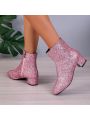 Women's Pink Glitter Decor Thick Heeled Western Style Boots With Side Zipper