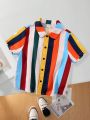 SHEIN Kids SUNSHNE 1pc Young Boys' Casual And Fashionable Sporty College Style Striped Back Los Angeles Letter Detail Shirt With Lapel Collar, Perfect For School, Street, Parties And Daily Wear In Spring/Summer