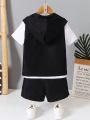 SHEIN Kids EVRYDAY Toddler Boys' Casual Sporty Vest With Zippered Opening, Matching Solid Color Short Sleeve T-Shirt And Shorts