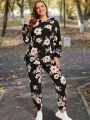 SHEIN LUNE Women's Plus Size Hooded Floral Print Sweatshirt And Pants Two Piece Set