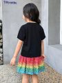 SHEIN Kids Y2Kool Young Girls' Sporty And Sweet Spring/Summer Knit Short Sleeve T-Shirt With Embellished Unicorn Detail, Colorful Skirt Set