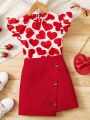 SHEIN Kids FANZEY Girls Heart Print Ruffle Trim Top & Asymmetrical Hem Skirt