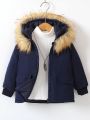 Young Boy Fuzzy Trim Hooded Flap Pocket Winter Coat Without Tee