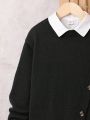 SHEIN Kids Academe Boys' Loose Fit College Style Long Sleeve Sweater With Round Neck And Slanted False Placket