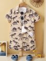SHEIN Kids QTFun Young Boys' Summer Dinosaur Digital Print Short Sleeve Button Down Shirt And Shorts Set, Lovely Style, Suitable For Summer
