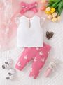 SHEIN 3pcs Baby Girls' Pink Swan Printed Casual Outfit With Ruffled Hem For Spring/Summer