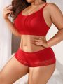 Plus Size Solid Color Wireless Bra And Lace Decoration Hipster Panties Underwear Set