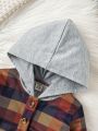 Baby Boys' Fun Plaid Patchwork Grey Hooded Bodysuit For Daily & Casual Wear, Autumn/Winter