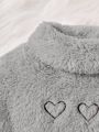 SHEIN Baby Girl Heart Embroidery Turtleneck Teddy Sweatshirt