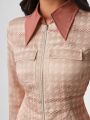 ELPIDA Houndstooth Print Flap Pocket Zip Up Shirt Dress