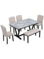 Merax Modern Style 6-piece Dining Table with 4 Chairs & 1 Bench, Table with Marbled Veneers Tabletop and V-shaped Table Legs (White)