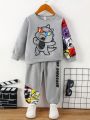 SHEIN Kids Academe Toddler Boys' Cute Dinosaur Printed Hoodie And Sweatpants Set, Spring And Autumn