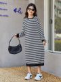 SHEIN Kids EVRYDAY Girls' Knitted Striped Loose Fit Casual Dress With Round Neck