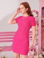 SHEIN Teen Girls' Knitted Jacquard Sleeveless Pleated Casual Dress