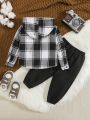 SHEIN Baby Boy Plaid Print Teddy Lined Hooded Coat & Letter Patched Pants