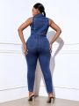 SHEIN SXY Women's Plus Size Blue Denim Off Shoulder Jumpsuit