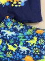 SHEIN Baby Boy Baby Girl Cartoon Dinosaur & Plant Pattern Round Neck Short Sleeve Top + Shorts + Sunhat + Swimwear 4pcs Set