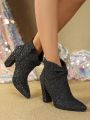 Women's Chunky Heel Short Boots Pointed Toe Double Side Zipper High Heel Solid Color Comfortable Fashionable Booties