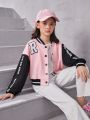 SHEIN Kids Y2Kool Girls' Casual Knitted Patchwork Collarless Baseball Jacket Outerwear For Autumn And Winter
