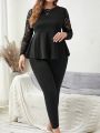 EMERY ROSE Plus Size Black Lace Splicing Ruffled Top And Pants Set
